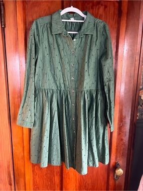 J Crew size 10 Green Eyelet Button-Front Shirt Dress - Women's